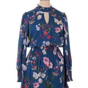 Parker Teal-Blue Floral Keyhole Long-Sleeve Dress